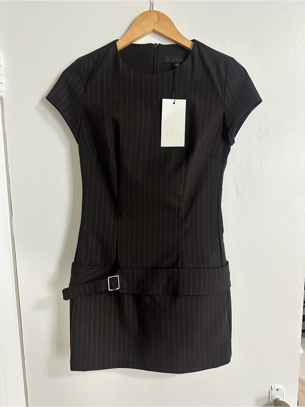 Zara Black Pinstripe Short-Sleeve Belted Mini Dress